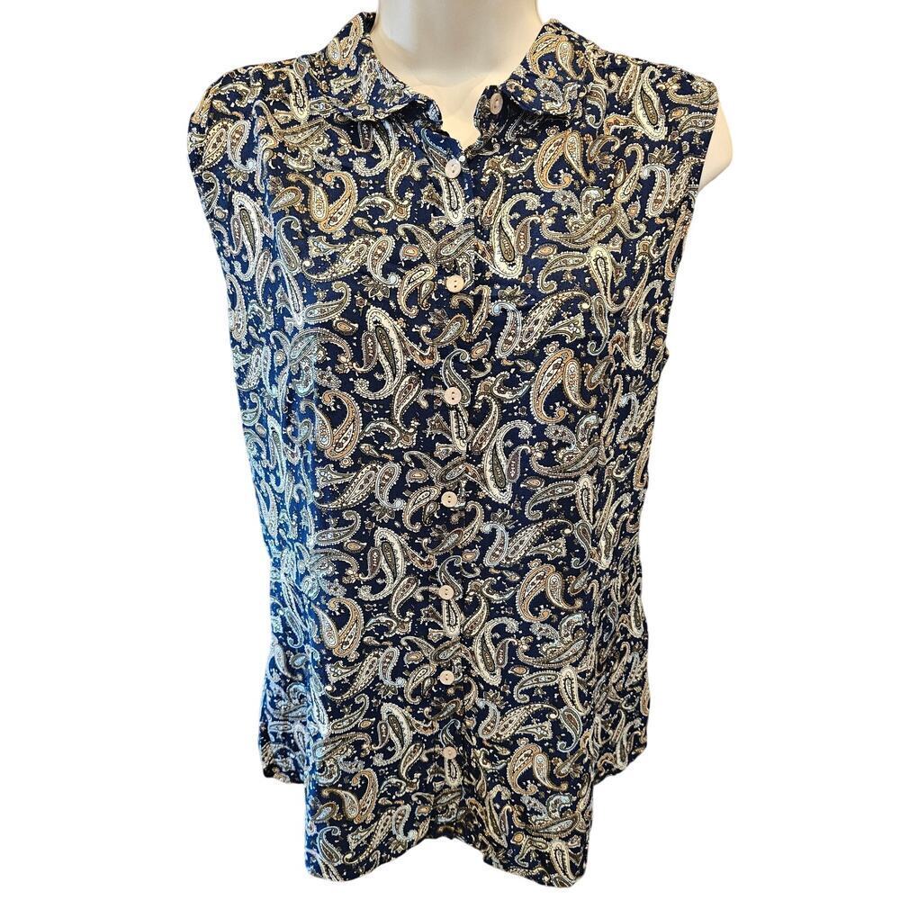 Northstyle vintage sz L blue navy paisley sleevless button up top EUC coquette